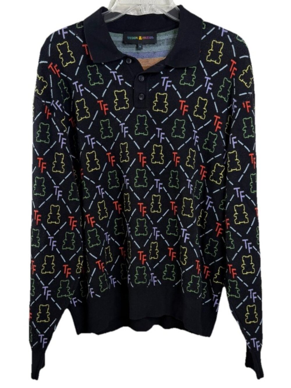 Teddy Fresh Medium Multicolor All Over Bear Logo Jacquard Polo  Sweater Soft EUC